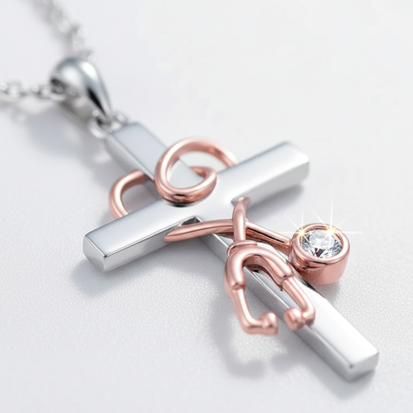 Rose Gold & Silver Stethoscope Cross Pendant Necklace
