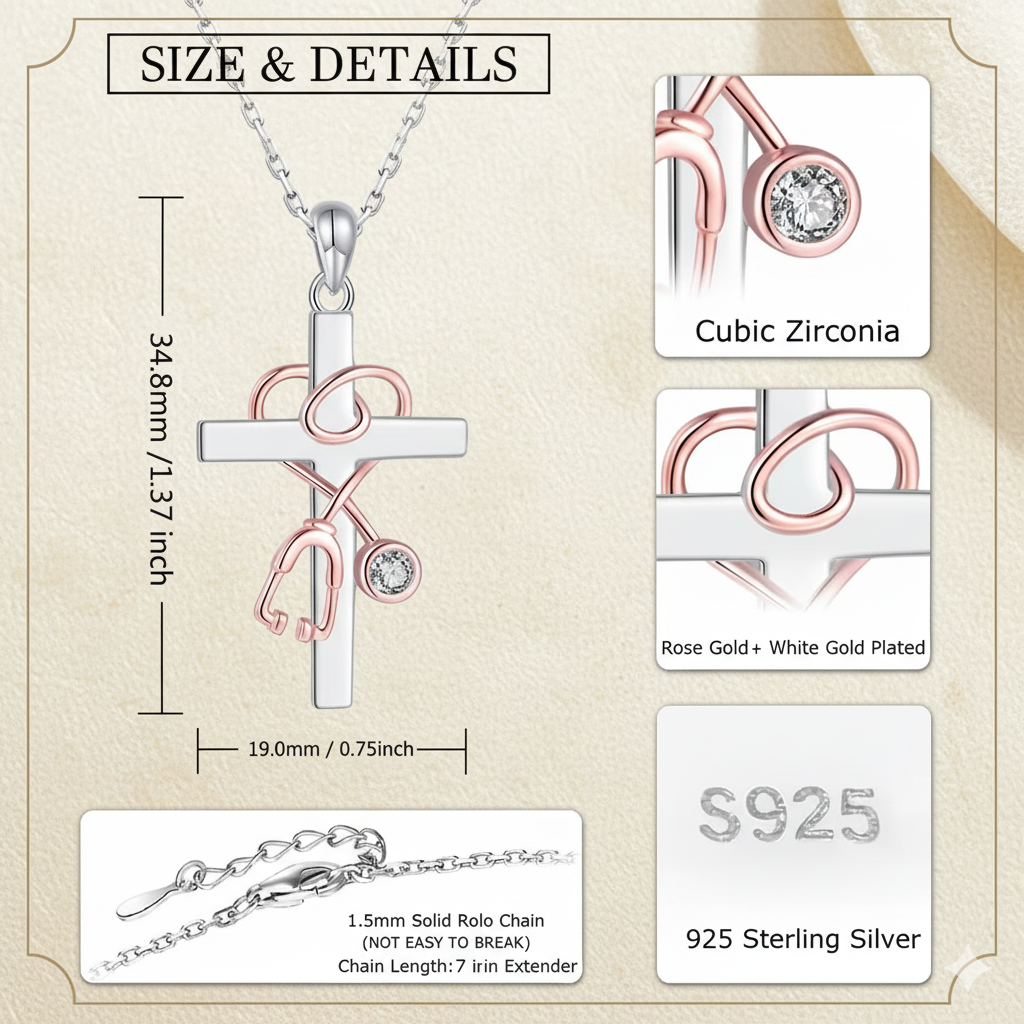 Jewelry necklace with cross pendant and chain details on a beige background