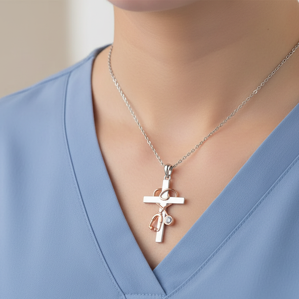 Rose Gold & Silver Stethoscope Cross Pendant Necklace