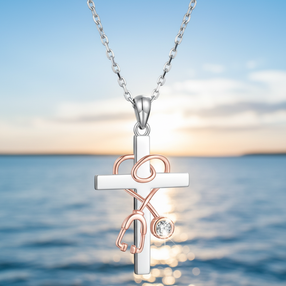 Rose Gold & Silver Stethoscope Cross Pendant Necklace