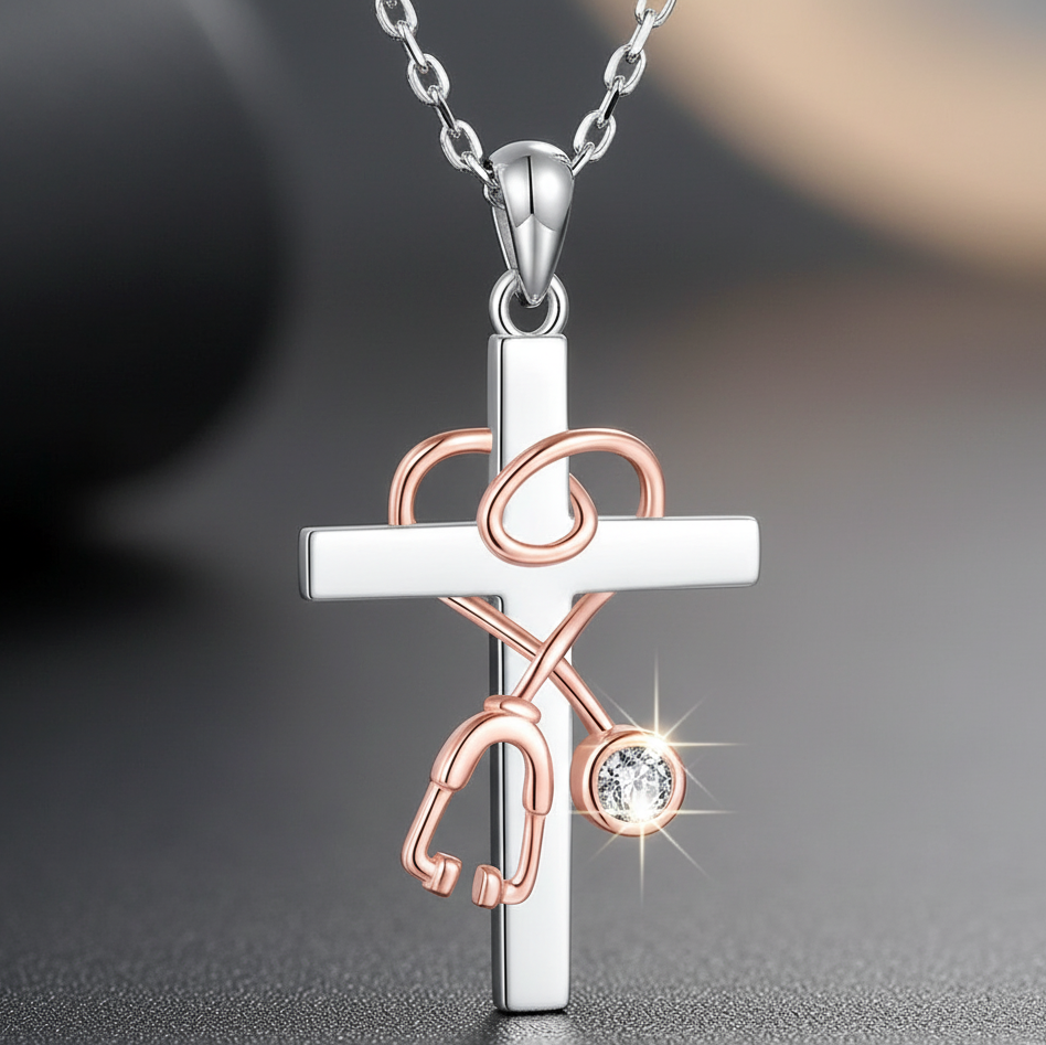Rose Gold & Silver Stethoscope Cross Pendant Necklace